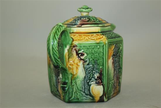 A Staffordshire lead-glazed creamware hexagonal teapot and cover, c.1760-5, h. 14cm, chip to spout
